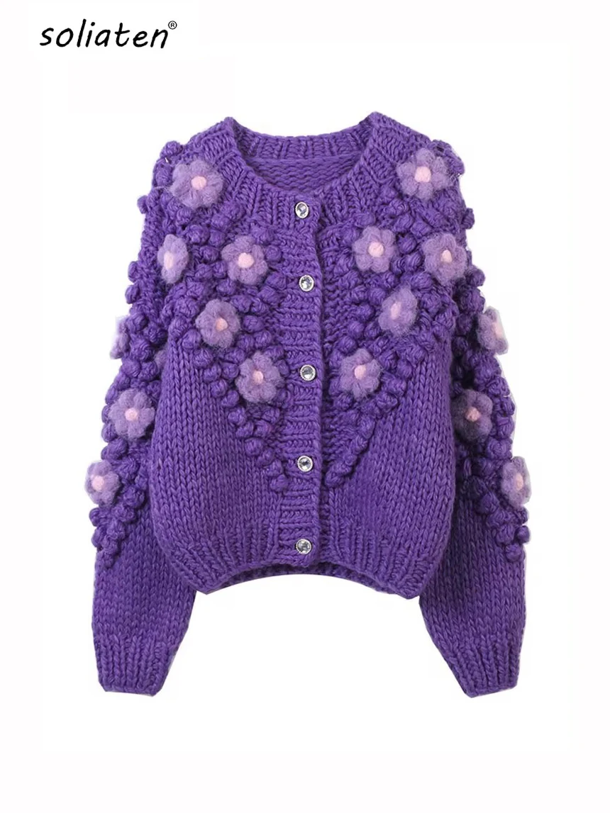 Sweater Women 2024 Autumn And Winter New Retro Handmade Sweaters O Neck Fashion Long-sleeve Purple Knitted Cardigan Coat  C-273