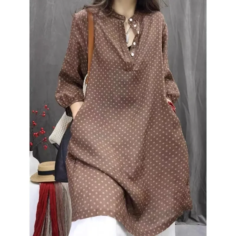 

Women's Retro Polka Dot Linen 3/4 Sleeve Loose Tunic Shirt Dress
