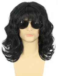 70s and 80s rock wigs for men and women, long curly hair,Black clothing synthetic wig