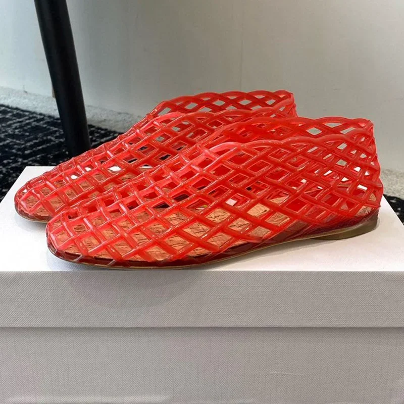 Nowe tkane siatkowe mieszkania baletowe sandały damskie Fashion Design plastikowe galaretki pojedyncze buty okrągłe Toe przezroczyste puste buty na