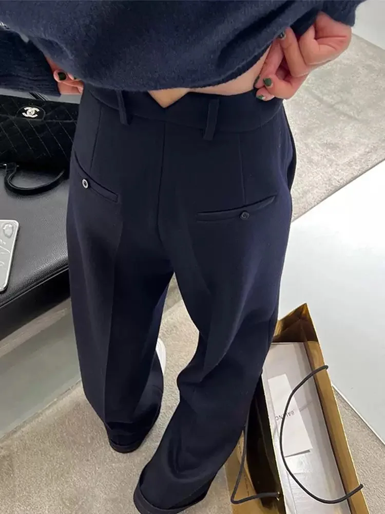 Tall Women's High Waist Drapey Wide Leg Pants Suit Dark Blue Spring Summer Commute Straight Cut Formal Trousers