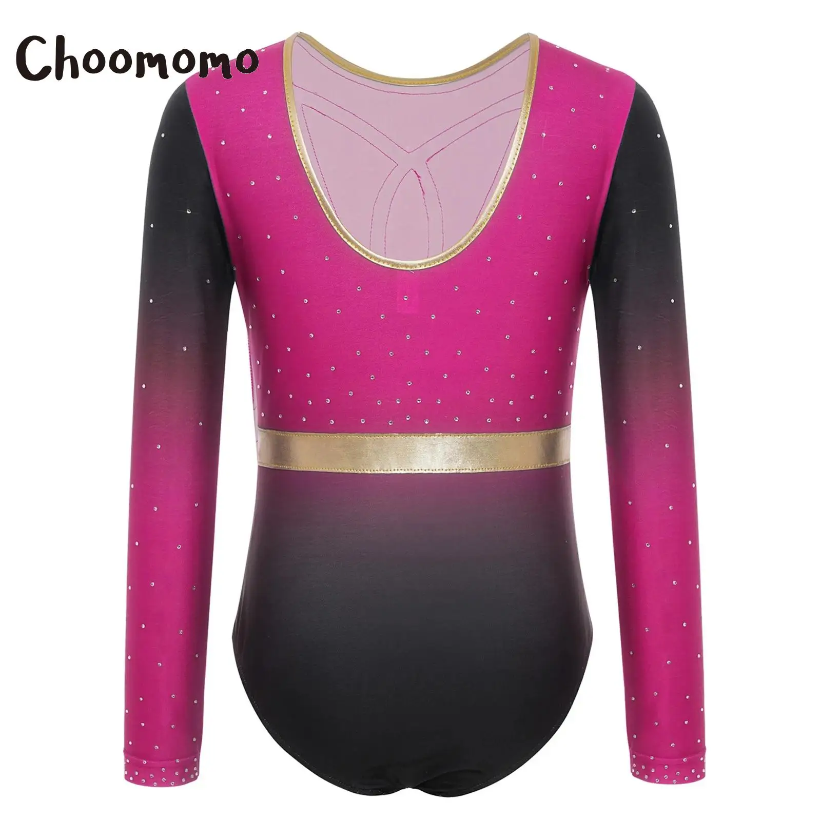 

Kids Girls Gymnastics Ballet Leotard Figure Skating Round Neck Long Sleeve Shiny Rhinestones Performance Bodysuit