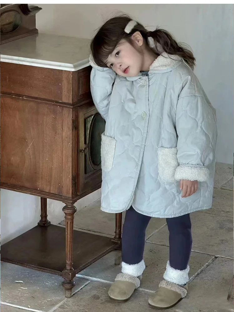 

South Korea Girls' Autumn and Winter Fleece-lined Thermal Cotton Coat Children's Western Style Lapel Cotton-Padded Clothes Baby