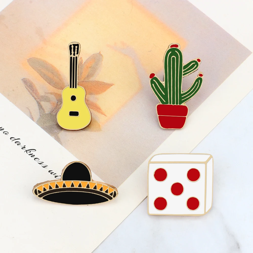 Enamel Pins Creative Music Guitar Mexican Hat Western Style Badges Funny Dice Cactus Potted Plant Brooches Clothes Lapel Jewelry