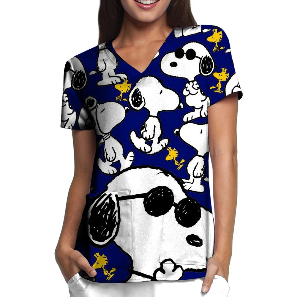 Women Nurse Uniform Lovely Snoopy cartoon print V-Neck Pocket Medical Uniforms Nursing Scrub Tops Workwear Uniforme enfermera