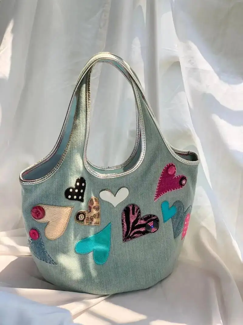

Bloom Heart Beading Y2k Bucket Purse Women Fairy Core Casual Denim Female Haruku Sweet Handle Underarm Bag Aesthetic
