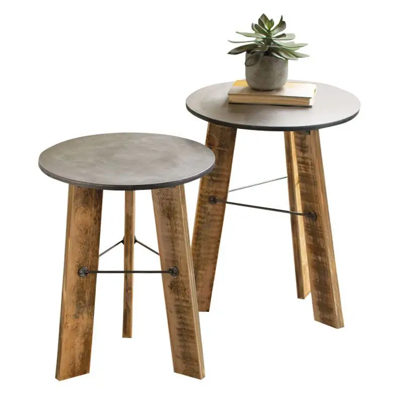 hh-Rustic Industrial Nesting Side Table, Round Concrete Top End Table, Stylish Small Coffee Tables for Living Room, Patio Decor^