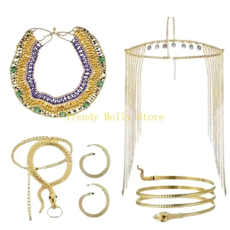 N5KB Egyptian Dress Up Accessories for Women, Head Chain, Snake Bracelet, Necklace