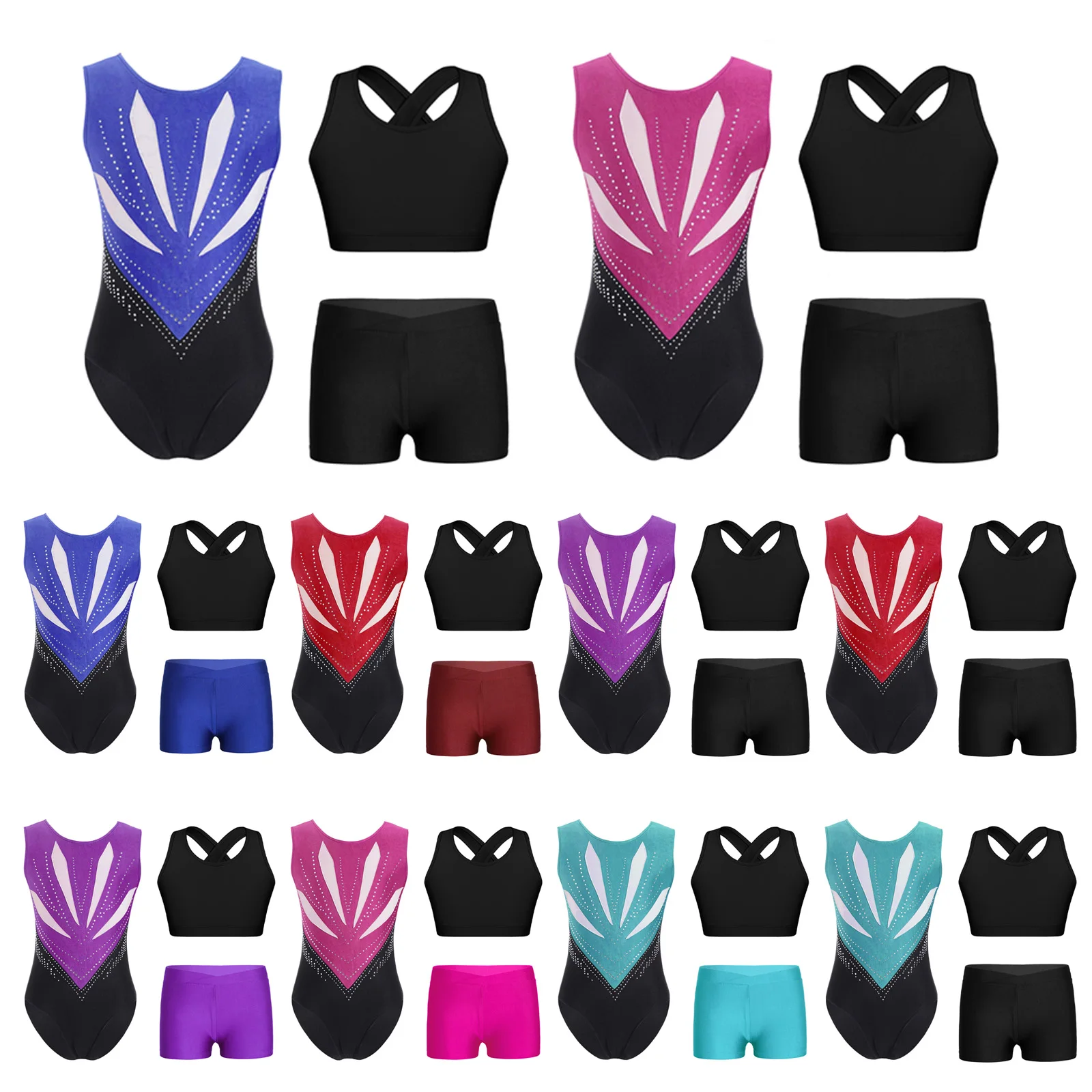 

Girls Gymnastics Dance Outfit Sleeveless Sparkly Rhinestones Leotard with Cross Back Keyhole Vest And V-front Waistband Shorts
