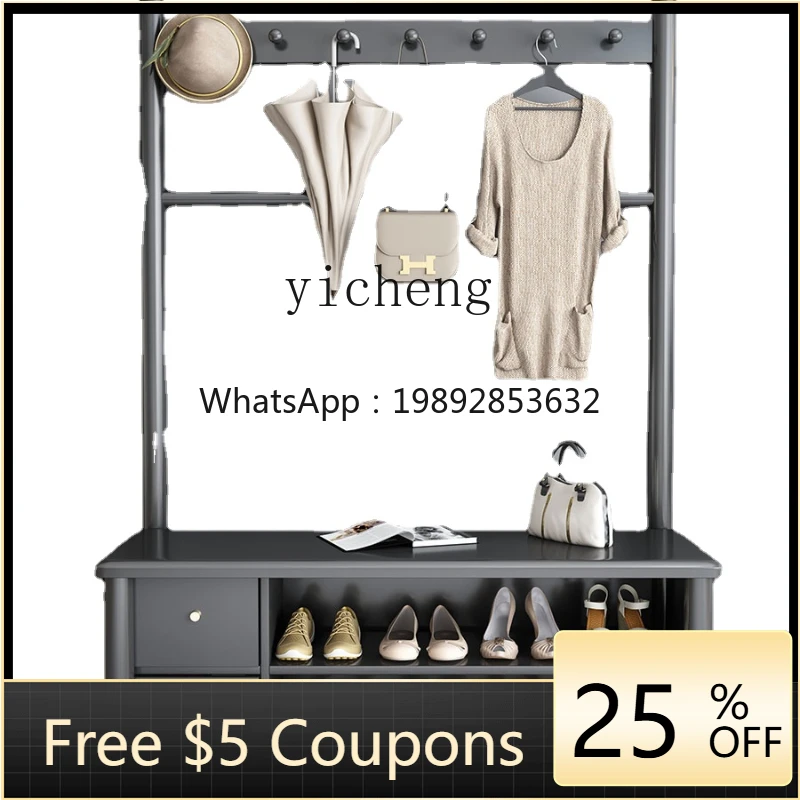 

ZZYhl Italian Black Solid Wood Multifunctional Coat Rack Shoe Changing Stool All-in-One Cabinet Entrance