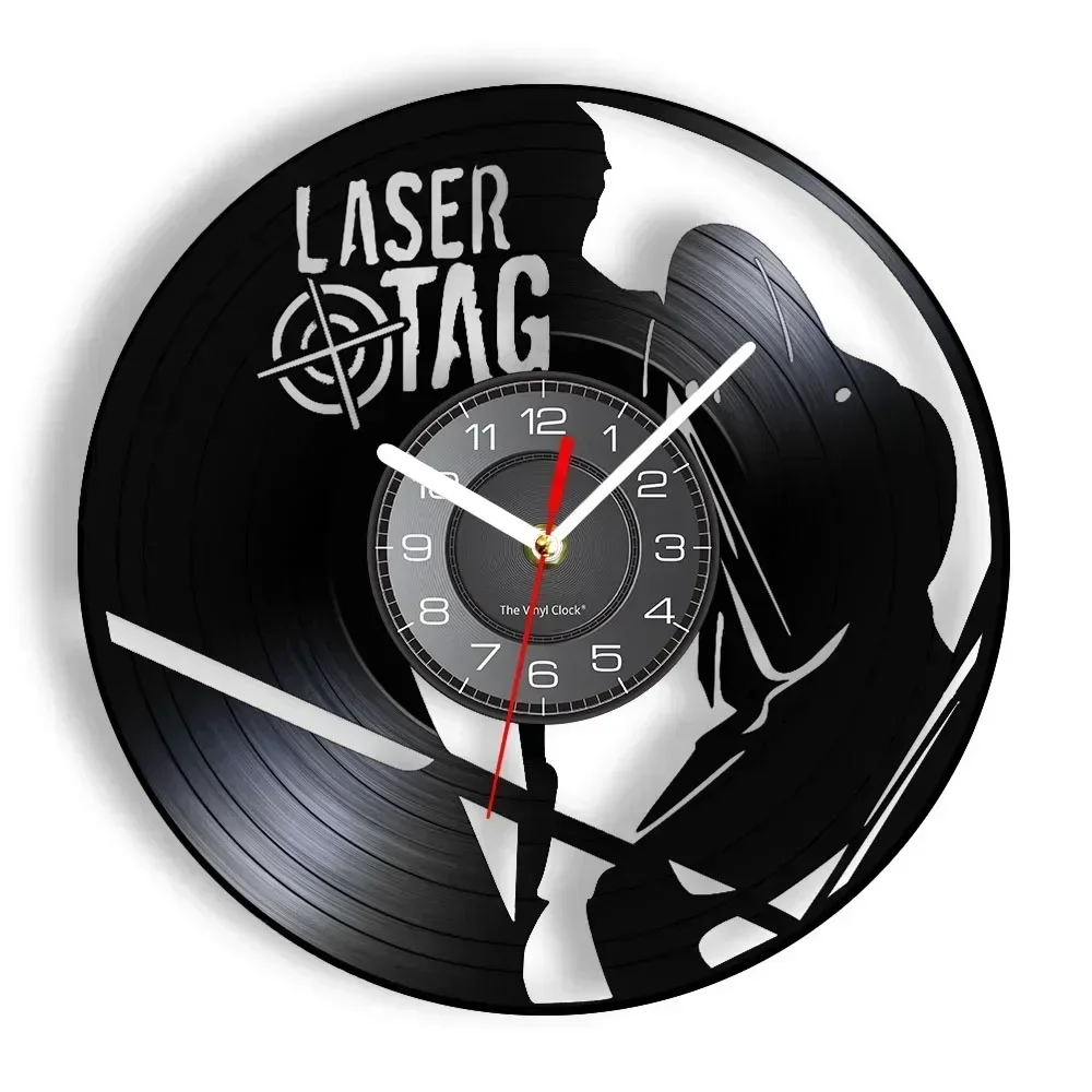 Laser Tag Shoot Game Cut Out Longplay Wall Clock for Bedroom Birthday Party Neon Glow Laser Vinyl Album Re-purposed Record Clock