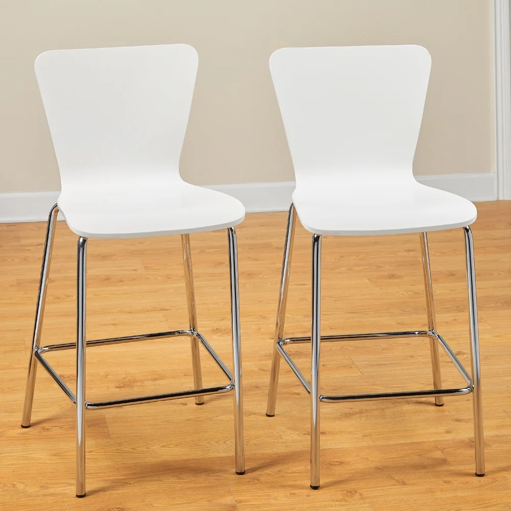 Set of 2 Modern Bentwood Stools with Chrome Legs Retro Design 24 Inch Height Comfortable Dining Kitchen Bar Furniture