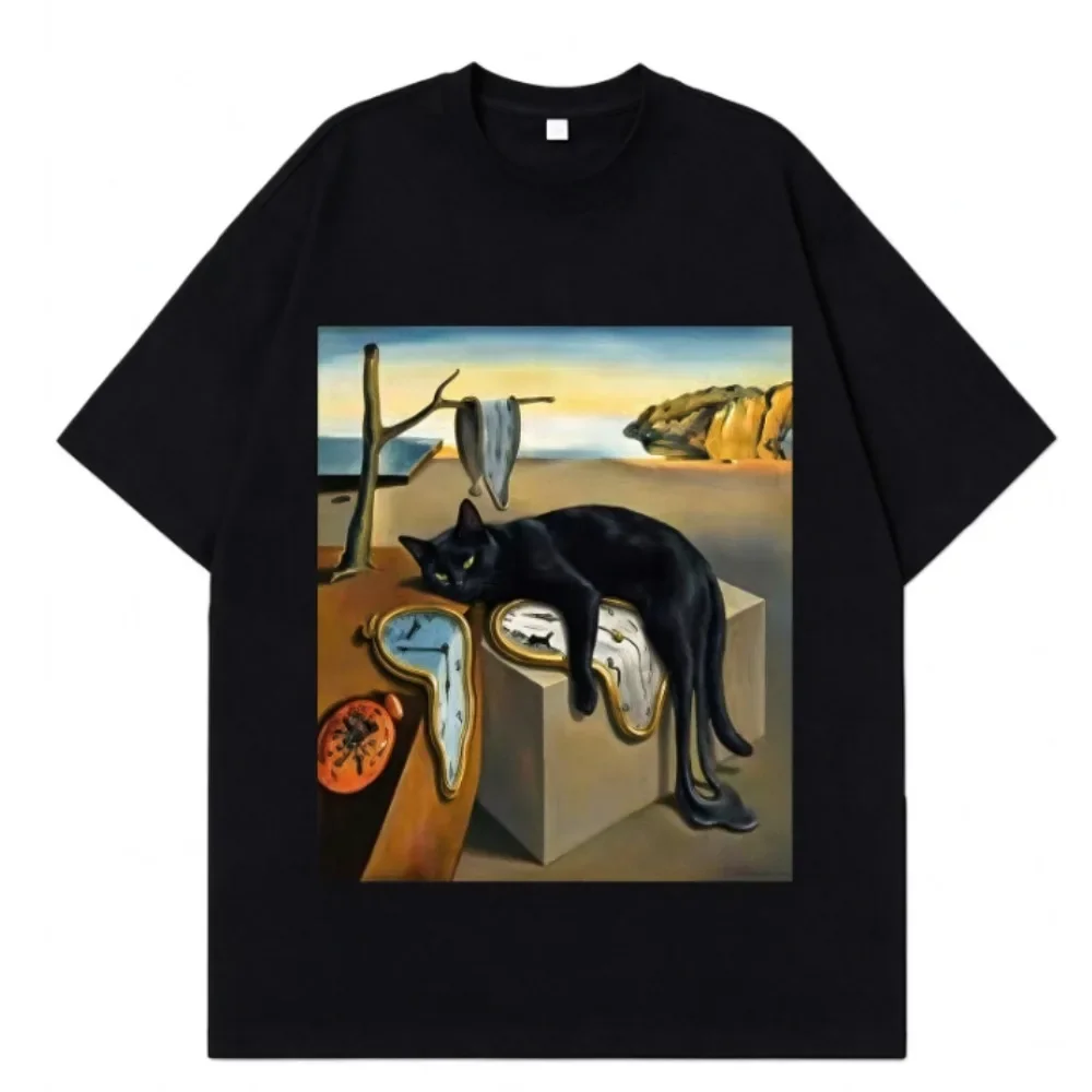Women Black Short Sleeve TSurreal Dali Style Black Cat Melting Clock Art Painting Graphic Casual Streetwear Shirt
