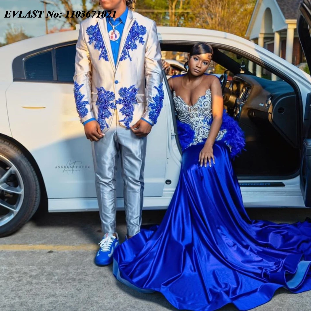 EVLAST Customized Royal Blue Feather Mermaid Prom Dress For Black Girls Silver Diamonds Beaded Party Gown Vestidos De Fiesta P98