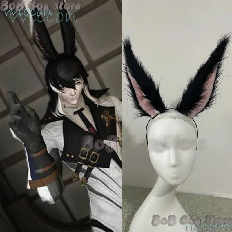 qq45Viera Anime Fiinall Fant XIV FF14 Cosplay Prop Orejas de conejo diademas peludas negro blanco gris rosa mujer hombre juego de rol 2