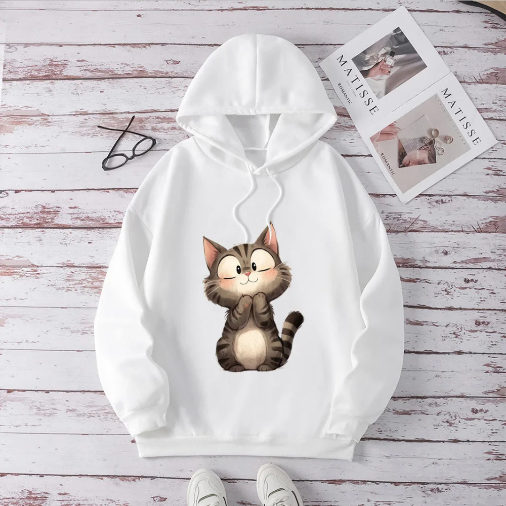 Casual Hoodie Womens Autumn Winter Pullover Loose Fit Cute Cat Print Long Sleeve Soft Comfortable Fashion Style Tops
