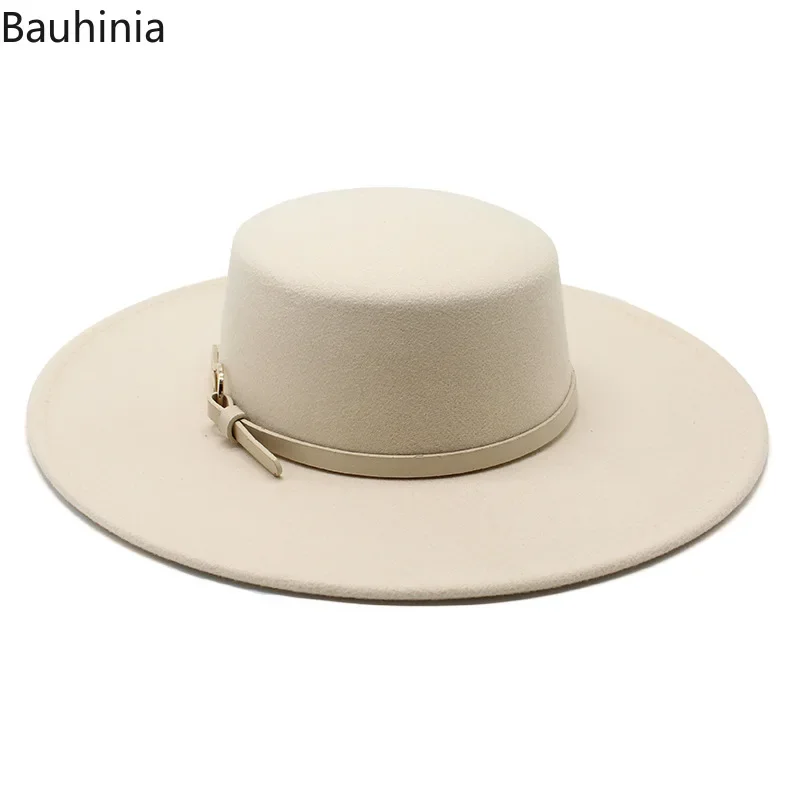 Bauhiniua Wool Felt Fedoras Jazz Cap 2022 Winter Warm Flat Top Hats 10CM Big Wide Brim Solid Color Church Hats