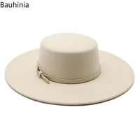 Bauhiniua Wool Felt Fedoras Jazz Cap 2022 Winter Warm Flat Top Hats 10CM Big Wide Brim Solid Color Church Hats - Image 4