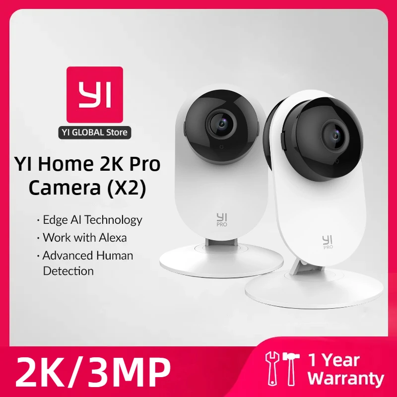 YI Pro 가정용 보안 카메라 키트, 실내 사람 차량, 애완 동물 스마트 감지, 아기 모니터용, 선명한 야간 투시경, 2K, 2PC