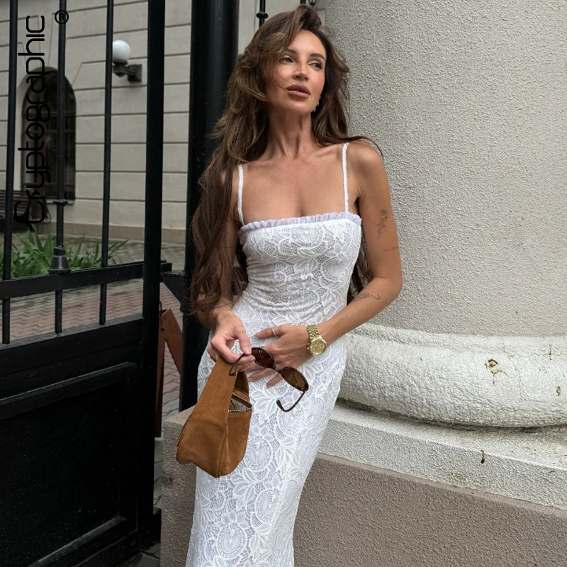 

Cryptographic Elegant Sleeveless White Lace Slip Maxi Dress Summer Outfits for Women Sexy Backless Dresses Bodycon Coquette