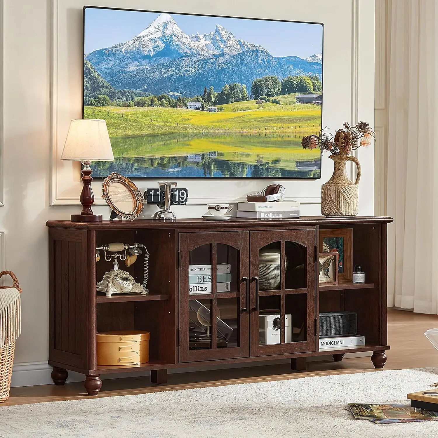 

Farmhouse Wood TV Stand Glass Door Adjustable Shelves Living Room Bedroom 60-65in Walnut, Customized