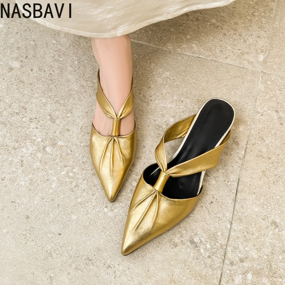 2026 Summer New Brand Women Slipper Fashion Pointed Toe Slip On Slides Low Heel Ladies Elegant Mules Sandals Top quality Gold