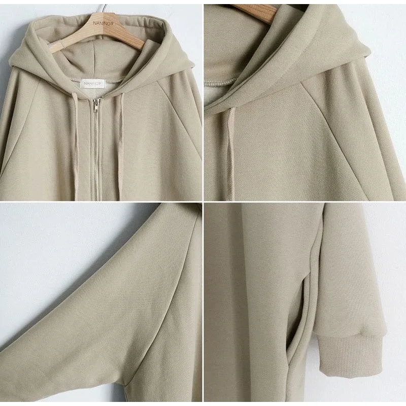 SuperAen Loose Oversize Hooded Zipped Cardigan Long Solid Color Coat 2026 Autumn and Winter New Simple Coats