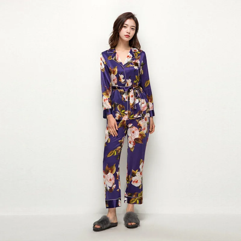 High Quality Spring and Autumn Pajamas Women's Real Silk Real Silk% Suit Long-Sleeved Homewear Printed