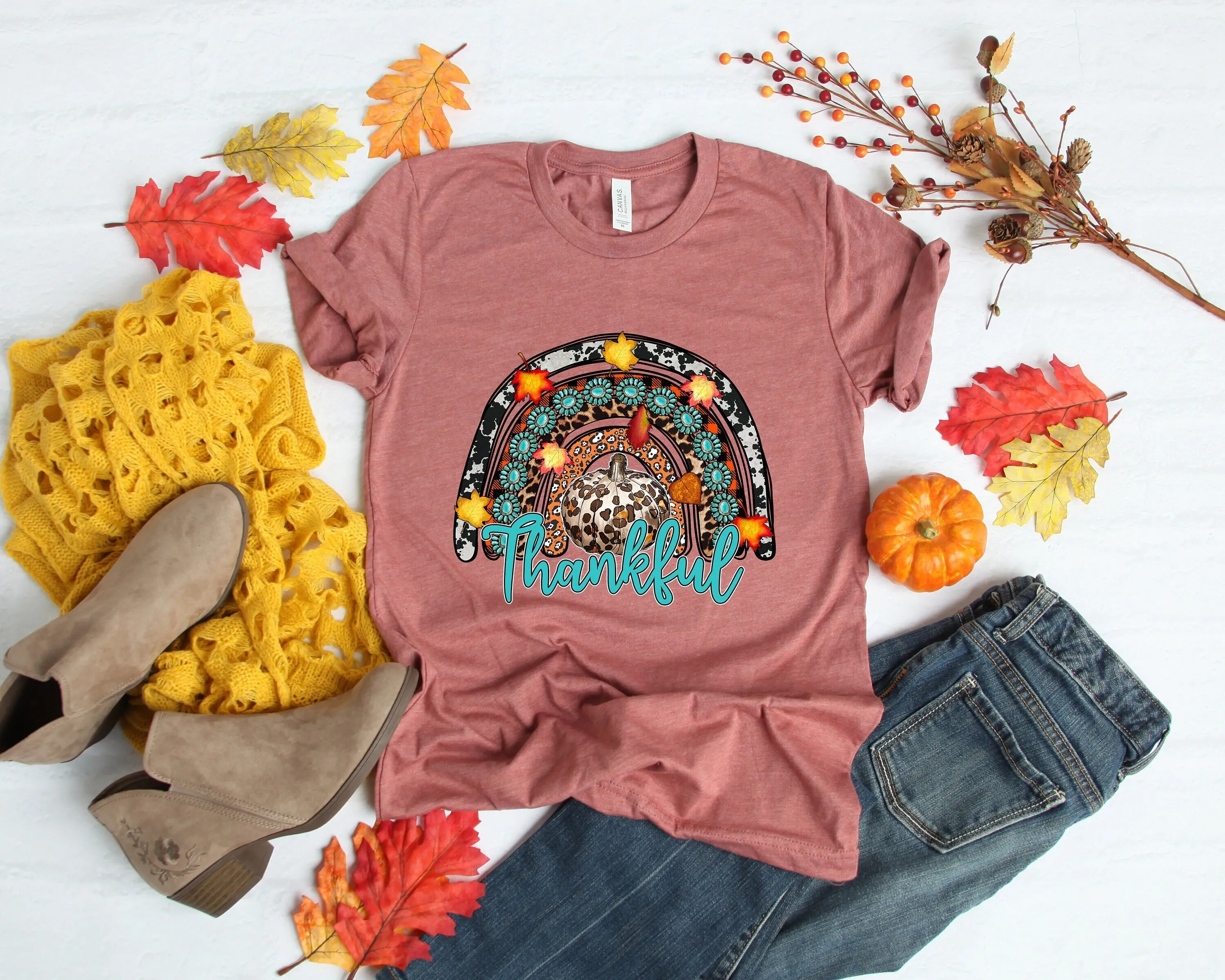 Thankful Rainbow Pumpkin T Shirt Thanksgiving Vacation Family Food Dinner