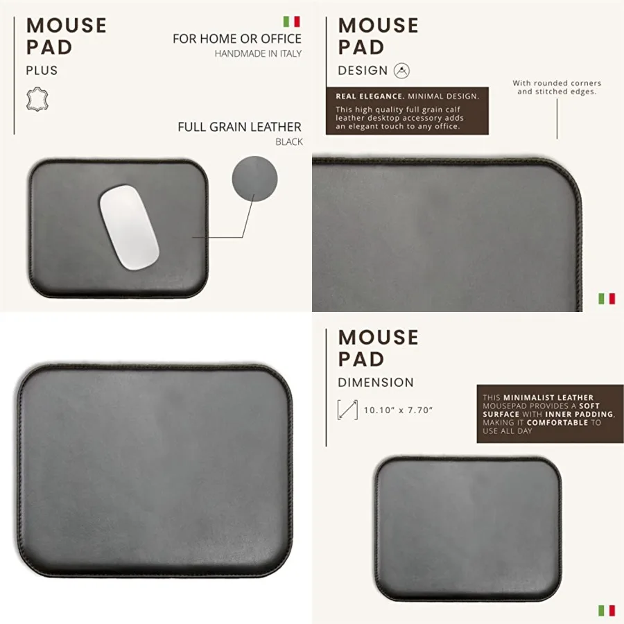 Leather Mouse Pad for Home or Office Desktop, Handmade in Italy, Black