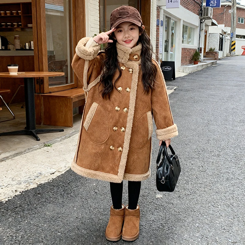 Girl's Jackets Thick Warm Solid Suede Reversible Jacket Plus Long Size Outer Two Side Coat Children Overcoat Winter Autumn 2025