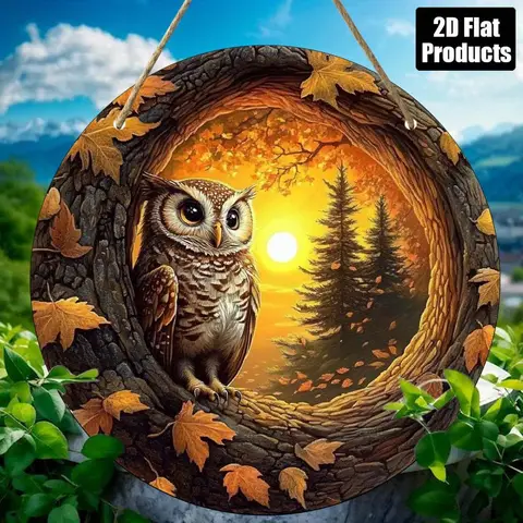 2D Flat,  Print, 1pc Round Design, Cute Owl Oak Theme Circular Wooden Sign Hanger (8*in/7.87inch), Decorative Plaque Wall Art fo