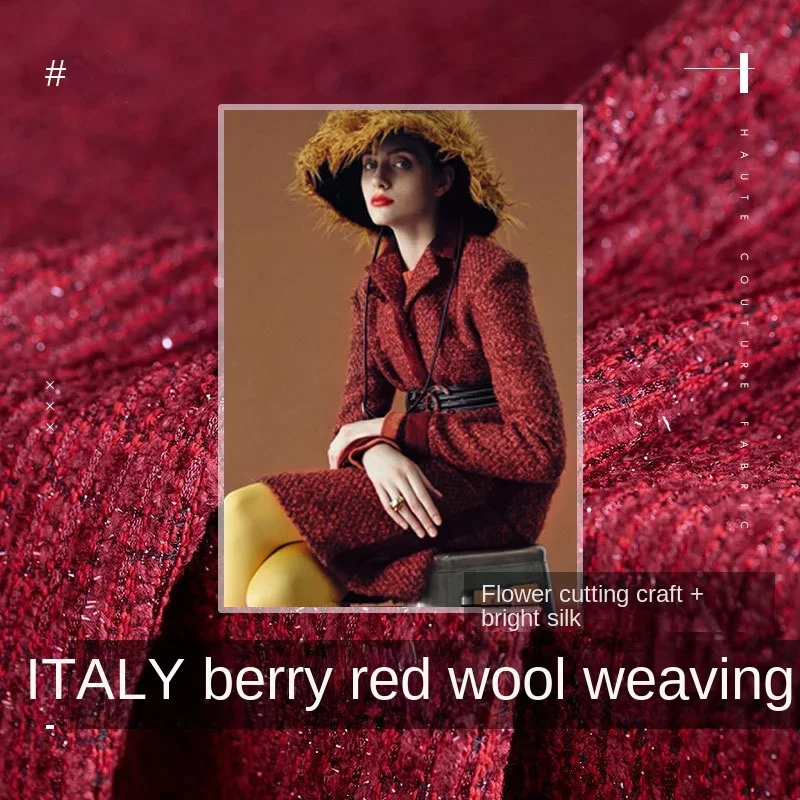 

Шерстяная ткань, вырезанный цветок, ремесло, яркий шелковый материал, фруктовый красный, осенне-зимний, модное пальто, ткань на метр