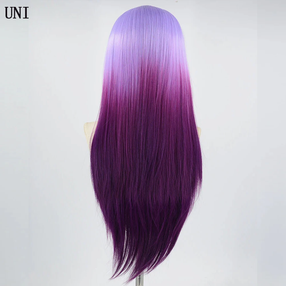 UNIQUEWIG-peruca dianteira do laço sintético para mulheres, sedoso Ombre reto, roxo colorido, natural sem cola, perucas Cosplay, festa, usado