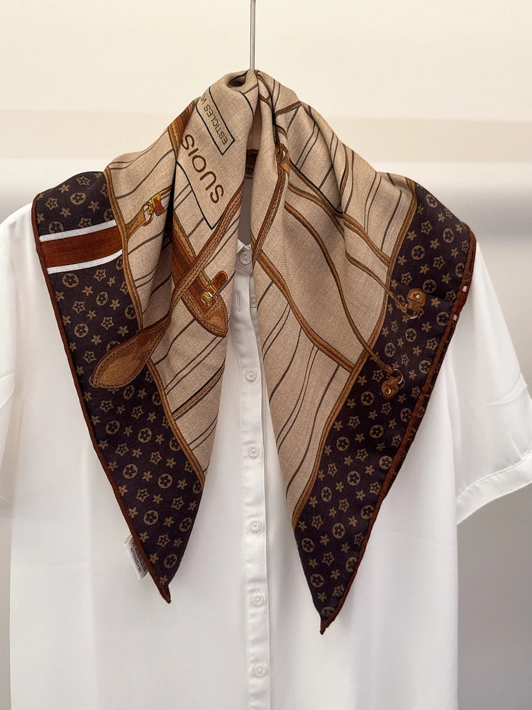 おしゃれなシルクウール混紡スクエアスカーフ-レディース-クラシックトート-シルクウールスカーフ-春秋-ハイファッション感スカーフ