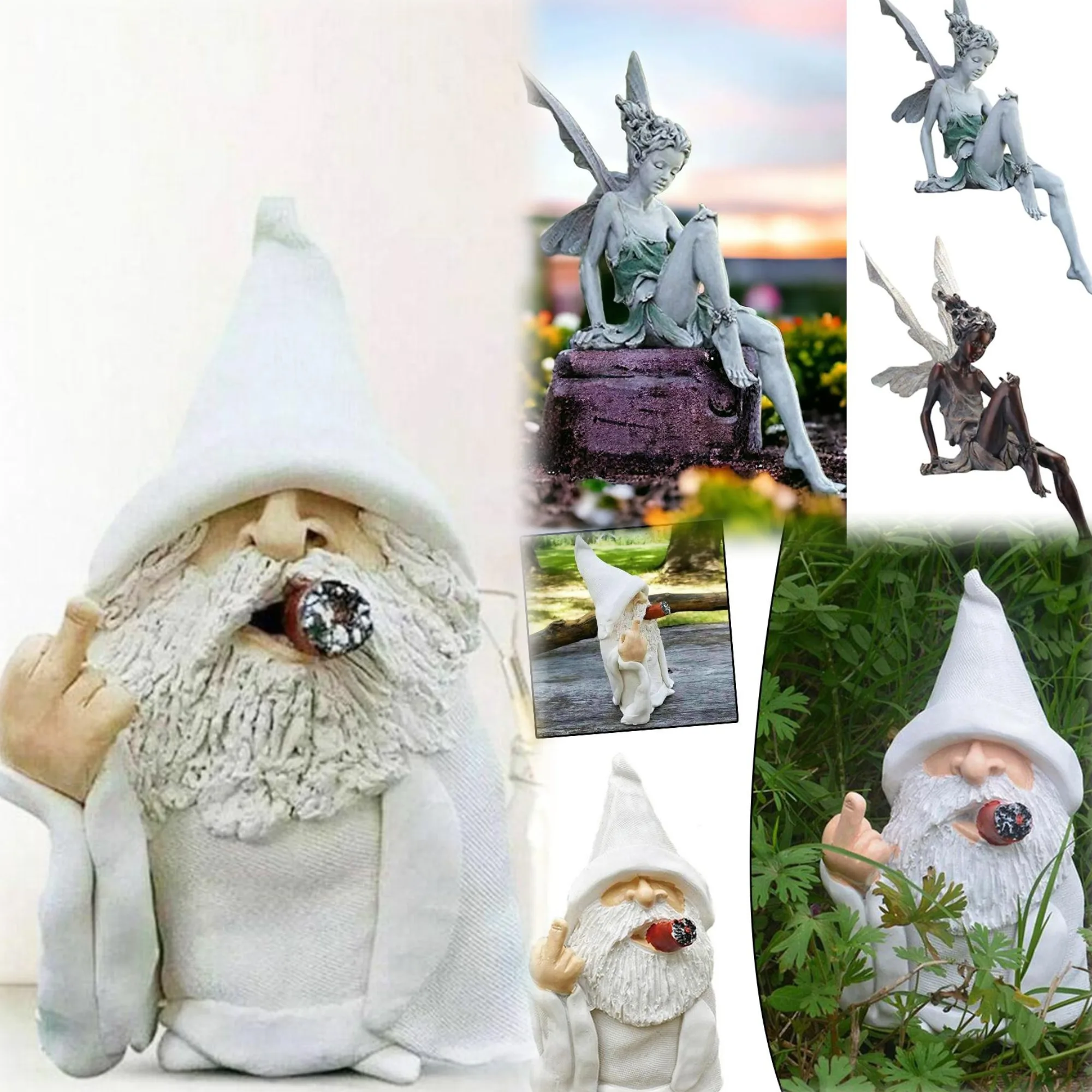 Smoking White White Beard Old Man Smoking Scissors Hand Resin Decoration Ornaments With Middle Finger Garden Gnomes Statues