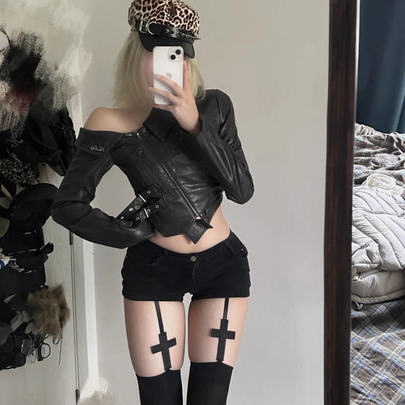 Punk Black Short Off-Shoulder Leather Women's Jacket Original Autumn New Sweet Cool Sexy Zipper Locomotive Lace-Up Coat Ladies