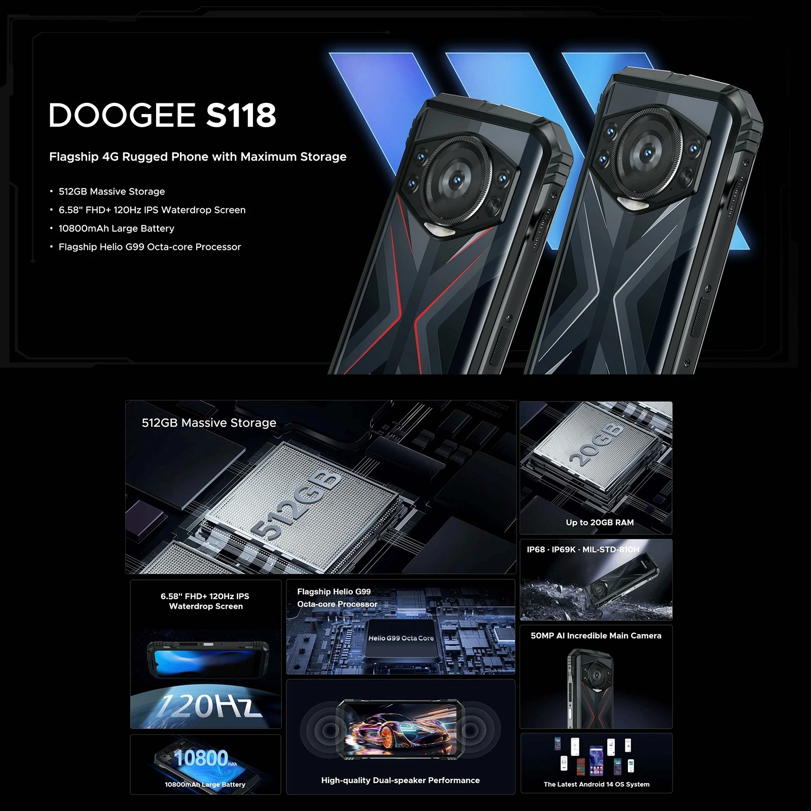 DOOGEE S118 Rugged Phone 20GB+512GB 50MP Camera 6.58'' Android 14 MediaTek Helio G99 Octa Core 4G NFC Smartphone