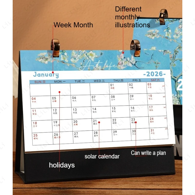 Calendario de pintura al óleo de paisaje 2026, calendario de escritorio de decoración de escritorio de estilo Retro creativo, práctico calendario de escritorio de oficina