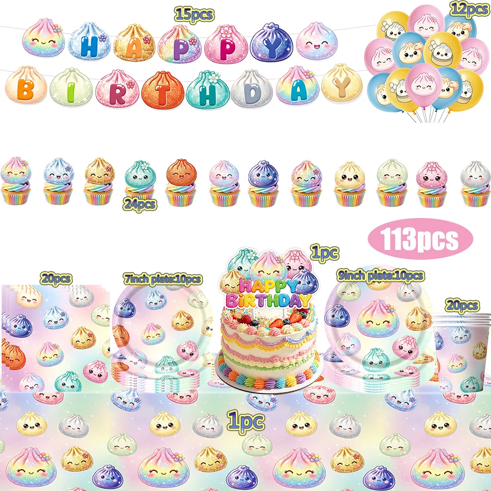 New Dumpling Squishy Theme Kids Birthday Party Decorations Cups Plates Napkins Flags Balloons Set Birthday Party Supplies Toy