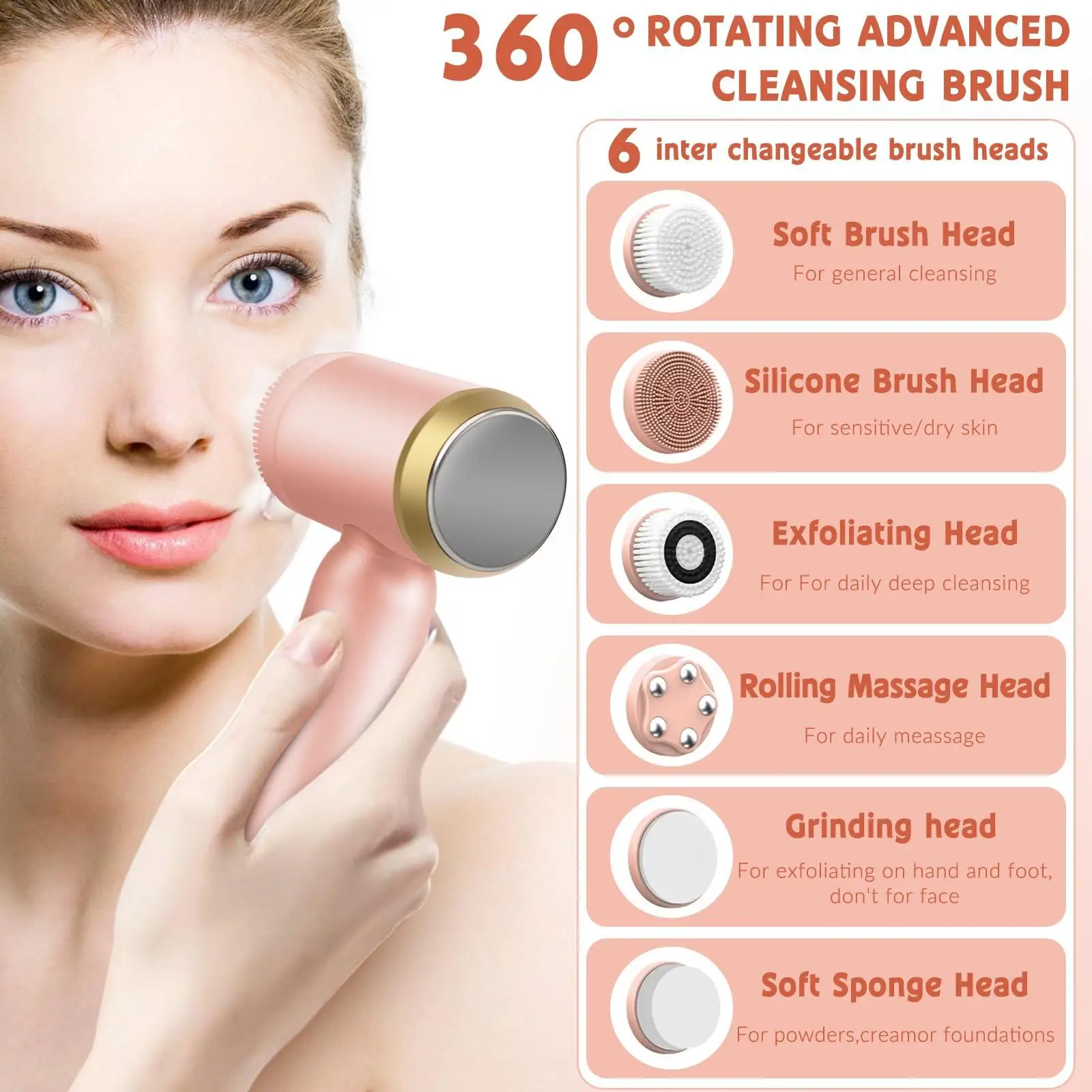 6-In-1 Rechargeable Facial Cleansing Brush, IPX6 Waterproof, 6 Heads, Adjustable Speeds for Deep Cleaning & Skin Exfoliation - view 6