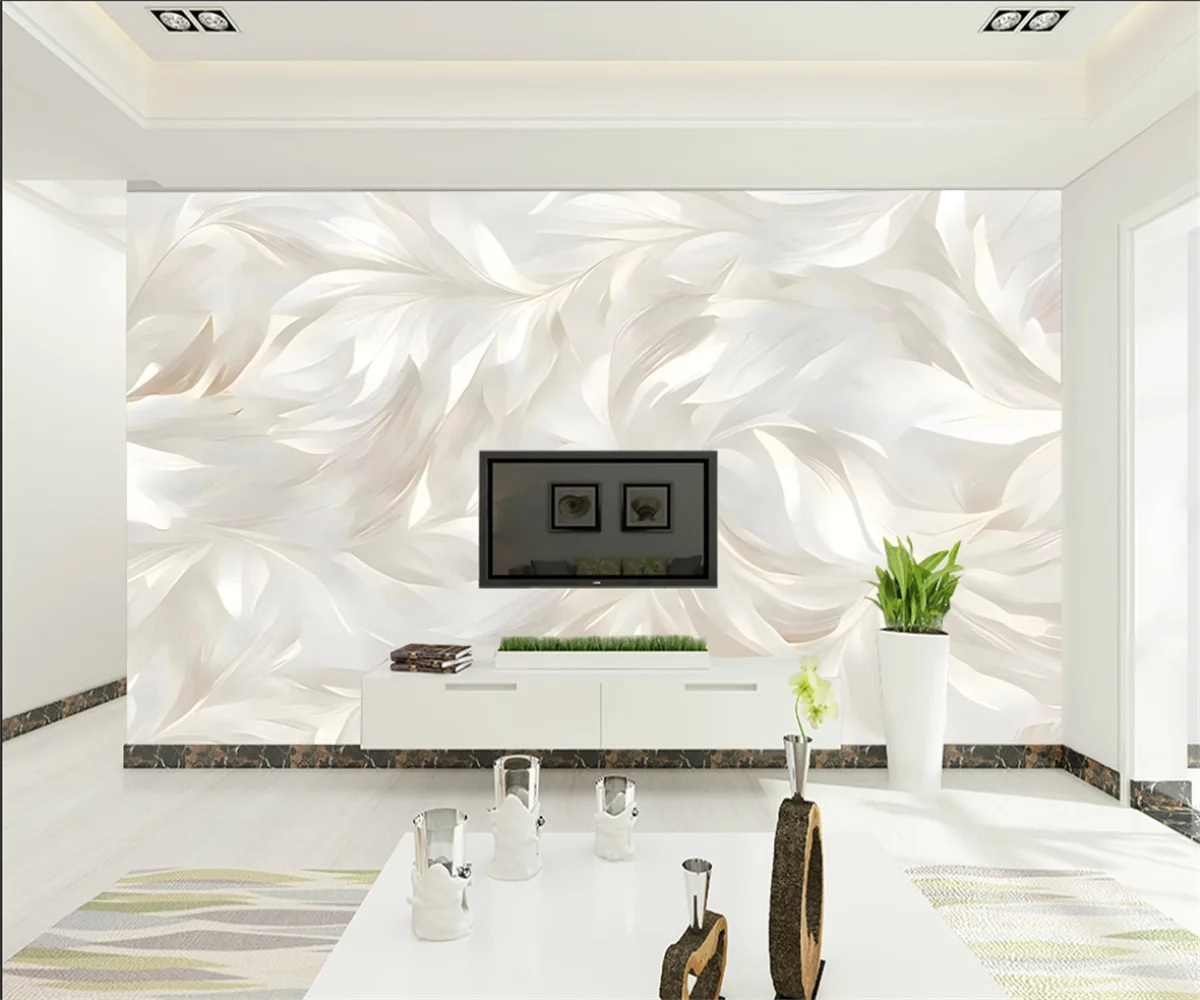 Customized Cream Style Abstract Art White Rose Pattern Wallpaper Feather Leaves Flat Spread Full House Coverage 3D Wallpaper