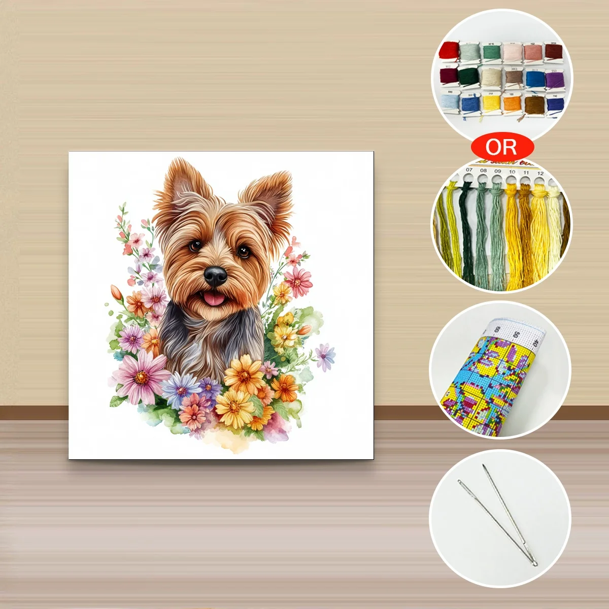 1 Stück 30x30 cm/11,8 Zoll, 11Ct/14Ct Kreuzstich-Set, DIY Valentinstagsgeschenk, Stickerei-Set für Festlichkeiten, Yorkshire Terrier Blumen – Detail 3