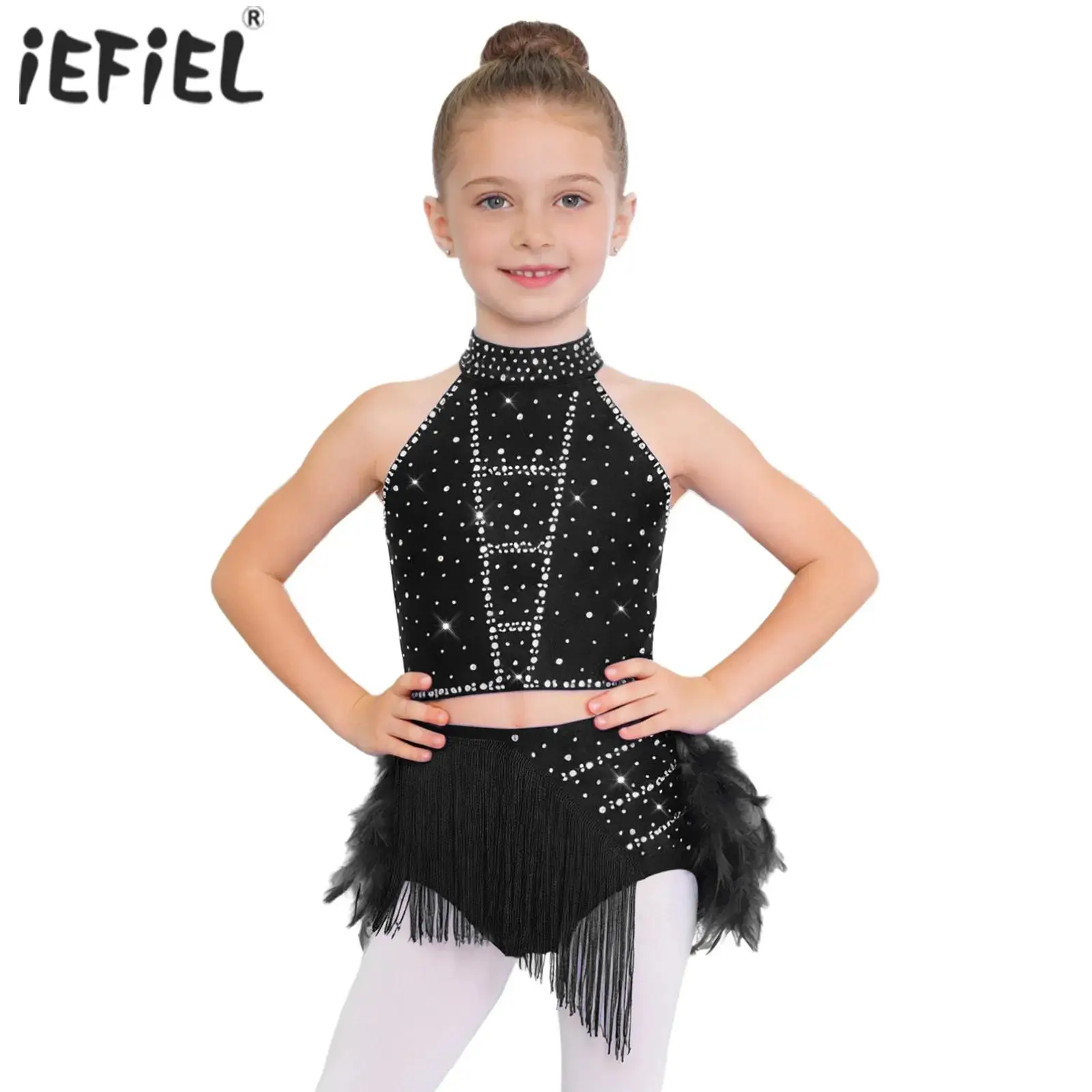 

Детский костюм для латинских танцев для девочек: платье-леотард с бахромой и перьями, топ и юбка для выступлений в стиле самба и румба.