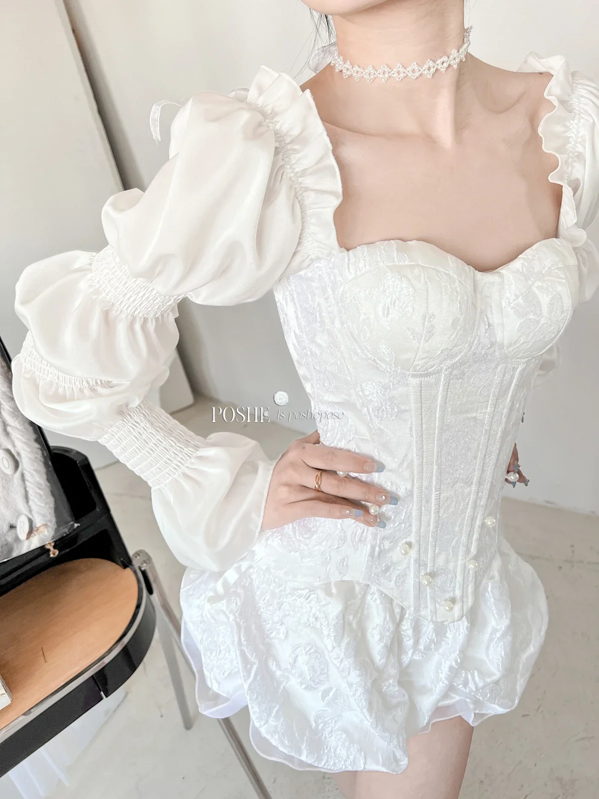 Women Clothes White Princess Dress 2023 Spring Summer New Sweet Wind Waist Slimming X-Line Puff Sleeve Bodycon Floral Printed