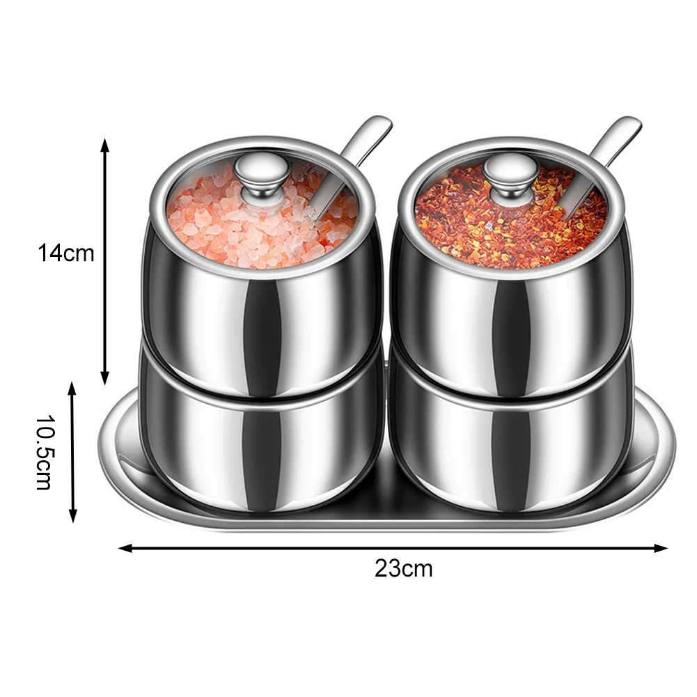 حاويات توابل ذات غطاء شفاف من الفولاذ المقاوم للصدأ، مجموعة كاملة من 4 قطع مع ملاعق لتخزين الطهي المنظم