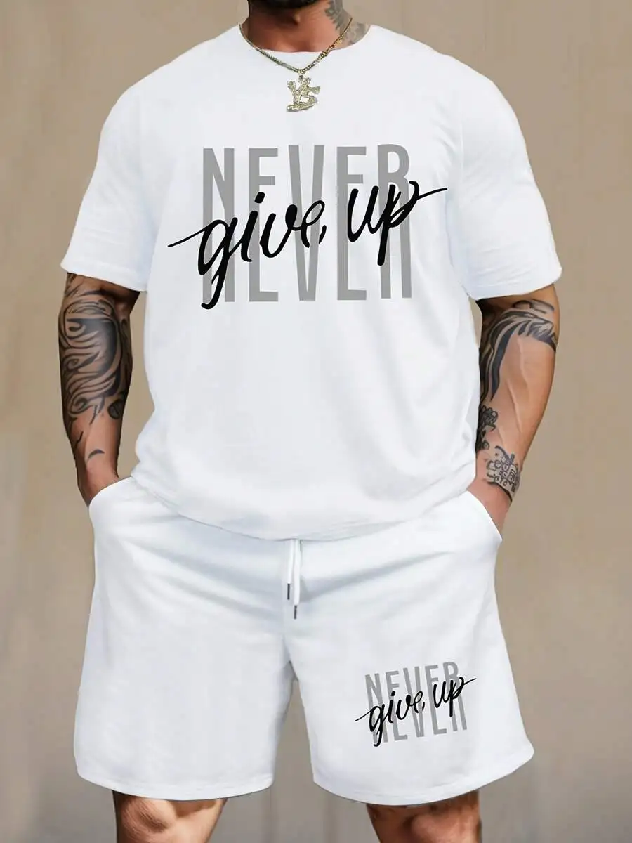 

Mens Cotton Never Give Up Print T-Shirt And Drawstring Shorts Set Casual Loungewear