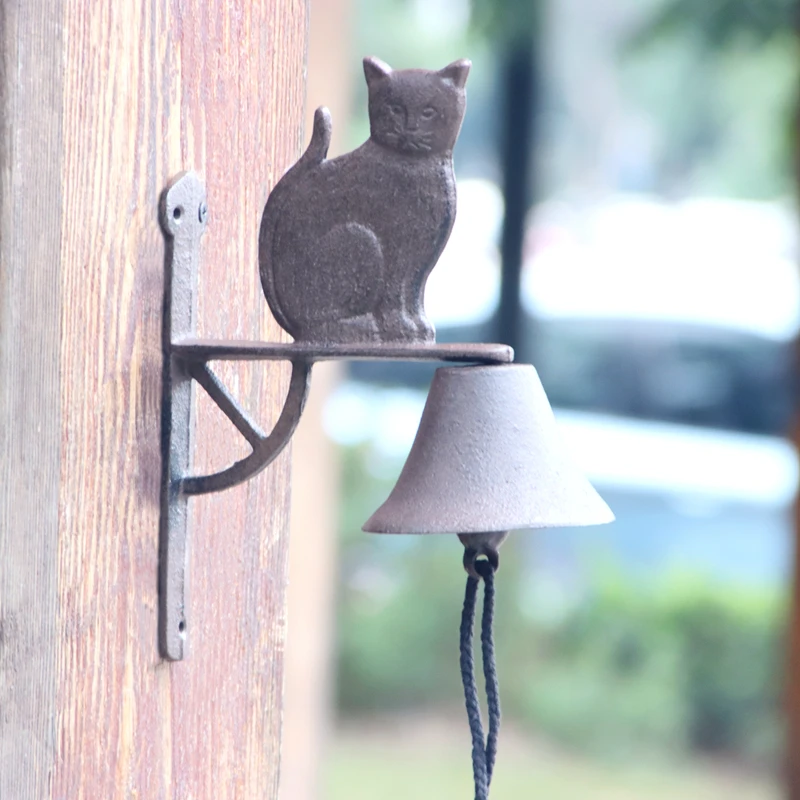 Rustic Cast Iron Cat Wall Hand Cranking Bell Double-sided Farm House Accents For Home Garden Office Bar Outdoor Decoration