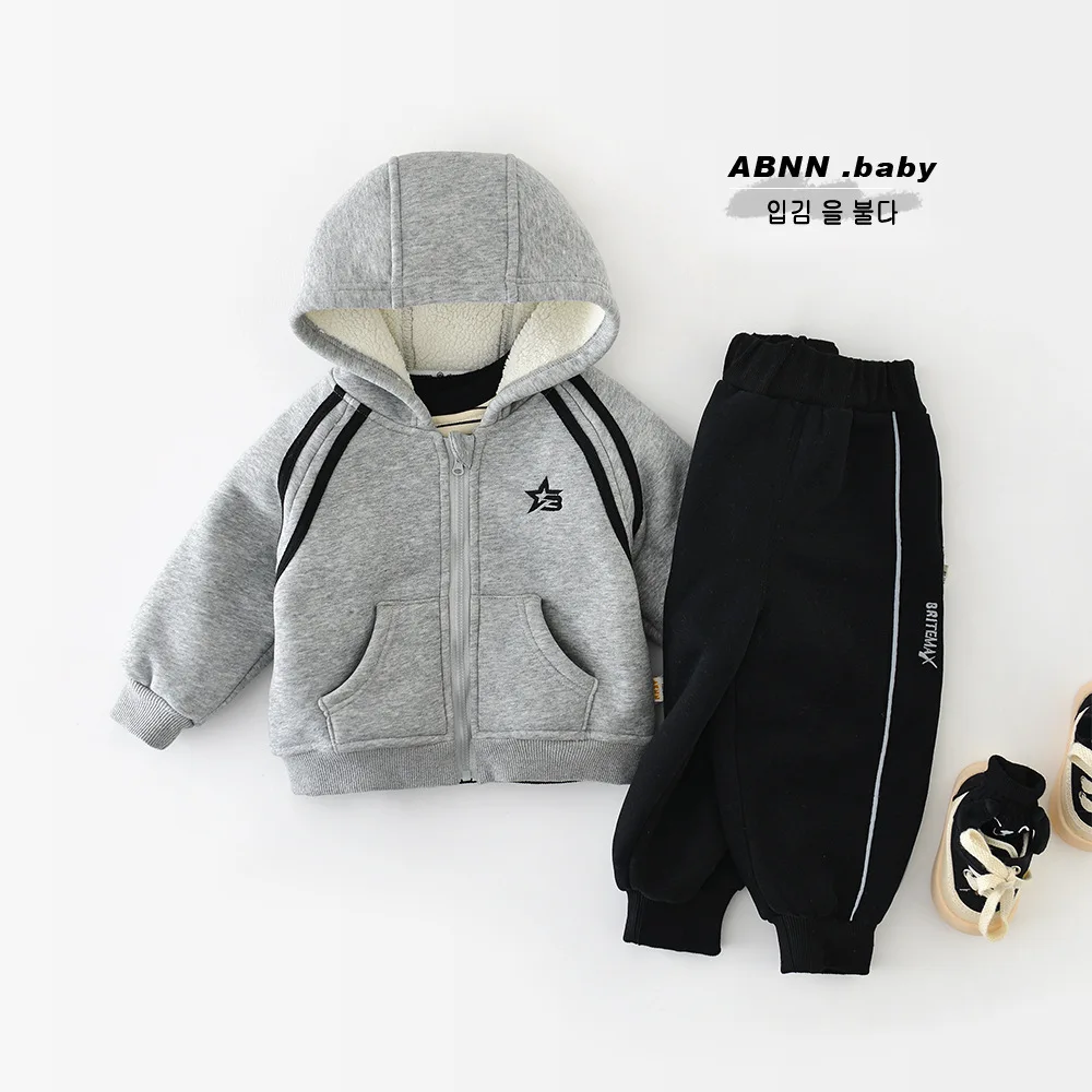 Autumn Winter Baby Boys 2PCS Clothes Set Cotton Hooded Striped Pocket Velvet Coat Loose Sweatpants Suit Toddler Boys Outfits