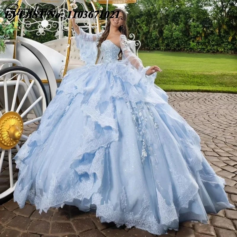 EVLAST gaun berkilau biru Quinceanera gaun pesta renda Applique manik-manik dengan korset jubah manis 16 Vestidos De XV 15 Anos SQ61